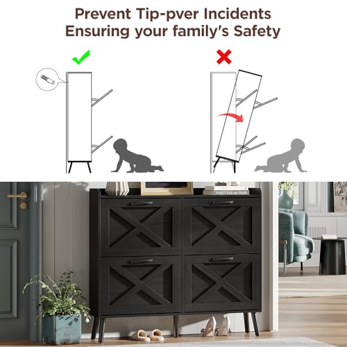 Maupvit Large Shoe Storage Cabinet with 4 Flip Drawers, Narrow Shoe Cabinet for Entryway with Wooden Legs, Freestanding Hidden Shoe Rack Organizer ＆ Metal Hinges, Black - color: Black, style: 4-Drawers
