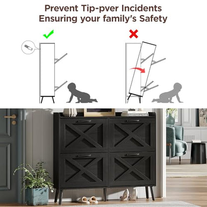 Maupvit Large Shoe Storage Cabinet with 4 Flip Drawers, Narrow Shoe Cabinet for Entryway with Wooden Legs, Freestanding Hidden Shoe Rack Organizer ＆ Metal Hinges, Black - color: Black, style: 4-Drawers