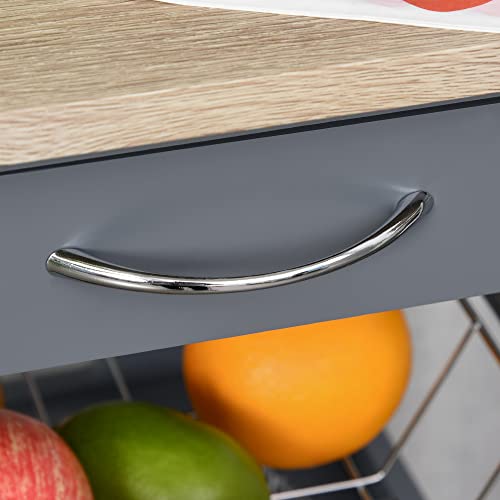 HOMCOM Mobile Kitchen Cart with Storage Solid Wood Frame Utility Cart Gray | Rolling Kitchen Island, Wire Fruit Baskets, Trays, Drawer - color: Grey