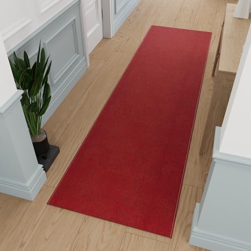 Ottomanson 1'10" x 22' Ultra-Thin Hallway Runner Rug - Durable Non-Slip Carpet for High-Traffic Areas - Fits Under Doors for Seamless Entry - Ideal for Kitchen, Entryway, Bedroom & Living Room, Red - color: Red, size: 1'10" x 22' (22" Wide)