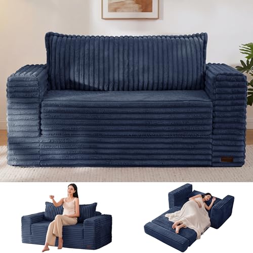 MAXYOYO Convertible Sofa Bed, Pull-Out Loveseat Couch Bed for Small Space | 2 in 1 Folding Couch Bed with Large Back Pillow, Plush Faux Fabric Lounge Couch for Living Room, Apartment, Navy - color: Navy