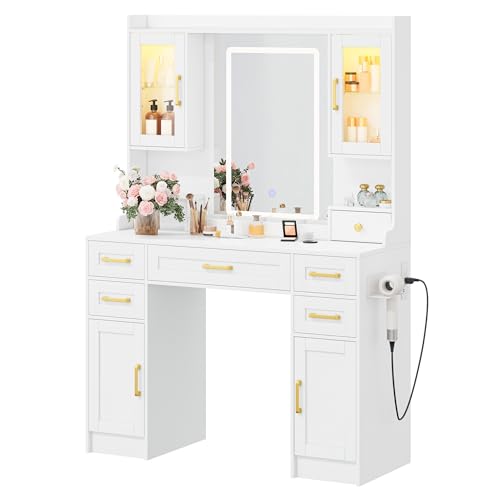 Vanity Desk with Mirror and LED Lights & Power Outlet | Large Makeup Vanity Table with 5 Drawers and 4 Storage Cabinets, White Dressing Table for Bedroom - size: 043 White