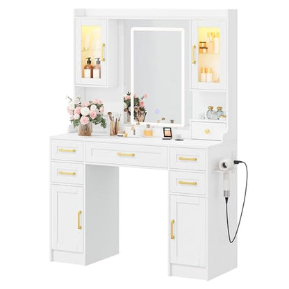 Vanity Desk with Mirror and LED Lights & Power Outlet | Large Makeup Vanity Table with 5 Drawers and 4 Storage Cabinets, White Dressing Table for Bedroom - size: 043 White