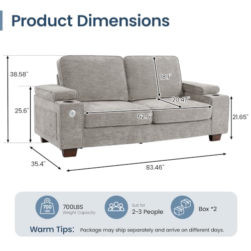 83" Couches for Living Room, Deep Seat Chenille Loveseat Sofa, Light Grey | With USB & Type-C Ports, Adjustable Storage Armrest, Cup Holders, Solid Wood Frame Small Sofa for Small Spaces - color: Light Grey