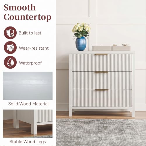 Fluted Nightstand, 23.7'' Wide Night Stand with 3 Drawers, Mid-Century Modern Bedside Table with Handles, Wood End Table for Bedroom, White - color: White