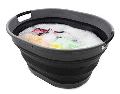 SAMMART 25L(6.6 gallon) Collapsible Plastic Laundry Basket-Oval Tub/Basket-Foldable Storage Container-Portable Washing Tub-Space Saving Laundry Hamper, Water capacity 20L(5.28 gallon)(2, Grey/Black) - color: Grey/Black