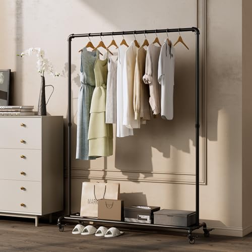 Industrial Pipe Clothing Rack with Wheels,Rolling Garment Rack with Bottom Shelf, Sturdy Metal Clothes Rack for Hanging Clothes Heavy Duty,Black Mobile Wardrobe Rack for Bedroom & Boutique