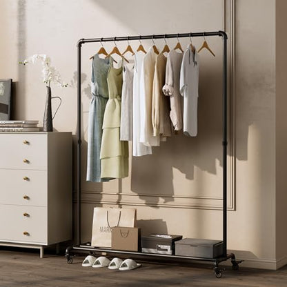 Industrial Pipe Clothing Rack with Wheels,Rolling Garment Rack with Bottom Shelf, Sturdy Metal Clothes Rack for Hanging Clothes Heavy Duty,Black Mobile Wardrobe Rack for Bedroom & Boutique