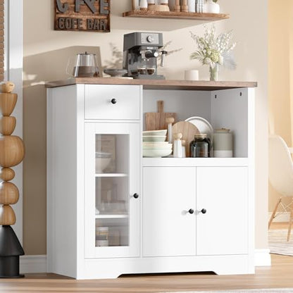 GarveeHome Kitchen Microwave Cabinet with Storage and Drawers, White | Modern Small Buffet Cabinet, Glass Doors, Adjustable Shelf, Wooden Sideboard, Wide Top, for Dining Room, Living Room - color: White