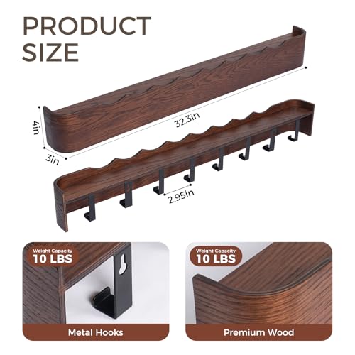 Coat Rack Wall Mount with Shelf Entryway Shelf Modern Key Holder Hanger Wall Shelves with Hidden Hooks for Hanging Towels Coats Hats Bags for Hallway Bathroom Bedroom(Wavy Walnut Color, 8 Hooks) - color: Wavy Walnut Color, size: 8 hooks