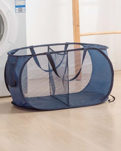 Collapsible Laundry Basket Foldable Pop-Up Mesh Hamper with Compartments and Handles Breathable Clothes Organizer Two Grids Navy Blue BLC733-01 - color: Navy Blue, size: 22.83'' * 14.17'' * 14.17''