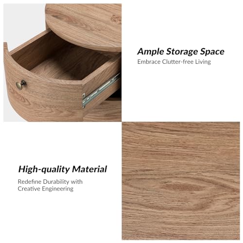 HULALA HOME Round End Table with 3 Storage Drawers, Mid Century Modern Sofa Side Table with Metal Legs, Farmhouse Wood Small Side Table for Living Room, Bedroom and Small Spaces, Oak - color: Oak