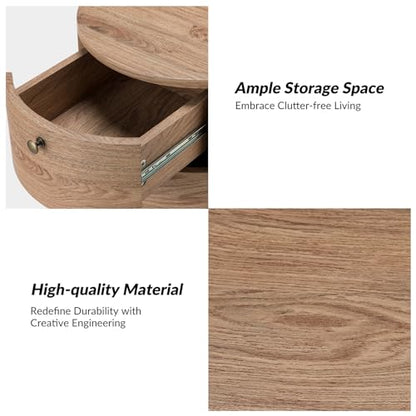 HULALA HOME Round End Table with 3 Storage Drawers, Mid Century Modern Sofa Side Table with Metal Legs, Farmhouse Wood Small Side Table for Living Room, Bedroom and Small Spaces, Oak - color: Oak