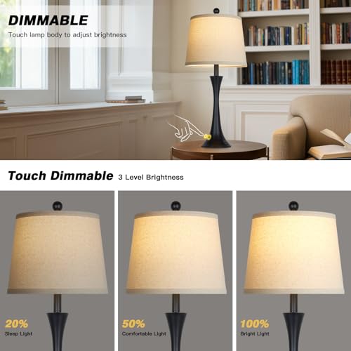 Rinweey 27.5" Table Lamps Set of 2, Touch Bedside Lamps with USB C+A Ports, 3 Way Dimmable Nightstand Lamps for Bedroom, Living Room, Office, Black Lamp with Beige Lampshade, Bulbs Included - color: Black