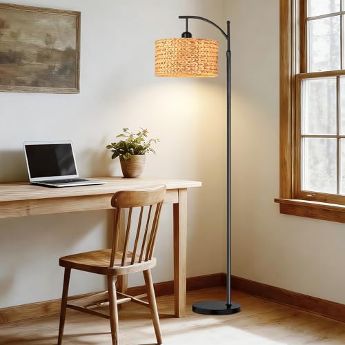 QIYIZM Floor Lamp for Living Room Bedroom Farmhouse Arc Rattan Boho Standing Lamp with Remote Dimmable Black Wicker Bamboo Lamp Shade Floor Light Adjustable Tall Lamp Industrial Floor Lamps Bohemian - size: 1-Floor Lamp