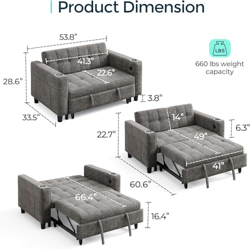 LINSY 54" Pull Out Couch with Charging Station, Small Sleeper Sofa Bed with Cup Holder, 3 in 1 Convertible Loveseat Sleeper Couch for Apartment, Dorm Room, Bedroom and Small Space（Grey） - color: Grey
