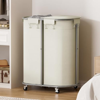 200L Double Laundry Hamper with Lid & Wheels, Oval Rolling Laundry Basket | Gasvadivum Sturdy Metal Large Laundry Cart with 2 Removable Bags, Dirty Clothes Hamper 2 section for Bathroom, Bedroom, Beige - color: Beige, size: 200L(24.8"L x 16.9"W x 31.5"H)
