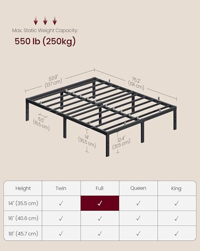 VASAGLE Full Metal Bed Frame 14 Inches Tall, 1100 lb Weight Capacity, No Box Spring Needed, with Under-Bed Storage, Easy Setup, Heavy-Duty Platform Bed, Mattress Retainers, Matte Black URMB652BD02S - size: Full, style: 14 Inch