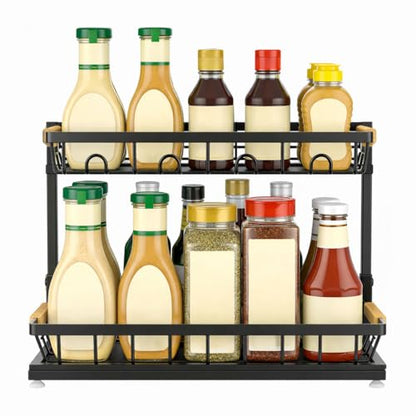 2-Tier Multi-Purpose Bathroom Under Sink Organizers and Storage, Black Adjustable Rack with Wooden Handles for Stackable Kitchen Pantry Organization
