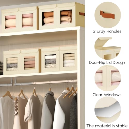 Large Closet Storage Bins - Collapsible Divided Clothes Organizer with Lids & Dual Window, Fabric Organizing Bins for Clothes, Sweater, Bedroom, Office (Beige, 2 Pack) - color: Beige, size: L(2-Pack)