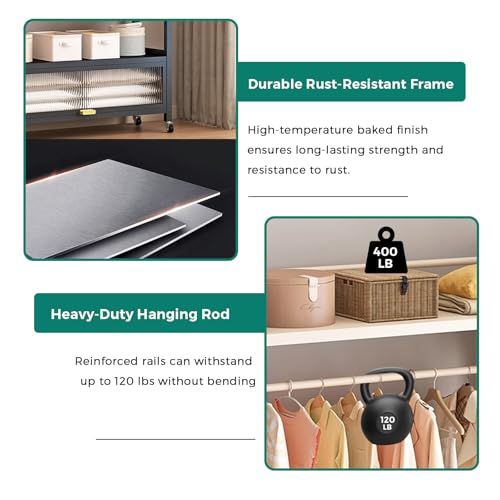 Heavy Duty Clothes Rack with Frosted Storage Cabinet, 520 Lbs Load Capacity Rolling Garment Rack with 360° Lockable Wheels, 4 Hooks & Top Shelf, Modern Metal Closet Organizer for Bedroom, White