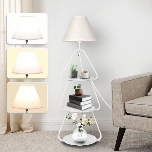 Qupui Floor Lamp with Small Round Side Table, 3-Tier Circular End Table with Storage Shelf, Round Corner Coffee Desk Nightstand for Living Room Bedroom Small Spaces, White - color: 3-Tier White