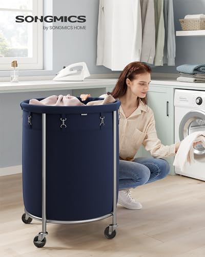 SONGMICS Laundry Basket, Rolling Steel Frame with 2 Locking Wheels, 190 L | Heavy-Duty Laundry Hamper Cart with Removable Bag, Charcoal Blue and Metallic Silver, URLS001Q01 - color: Charcoal Blue + Metallic Silver, size: 190 L (1-Section)