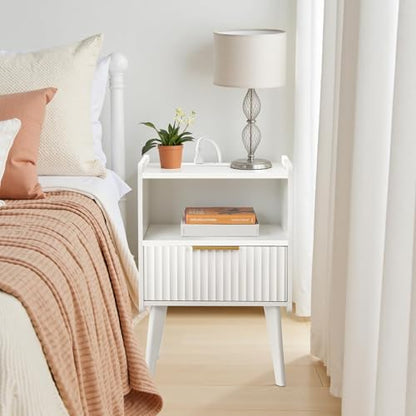 MAHANCRIS White Nightstand with Charging Station, Modern Bedside Table with Drawer and Storage Shelf, End Side Table with Solid Wood Legs, Night Stand, Living Room, Bedroom, Small Space, ETWT61E01N1 - color: White