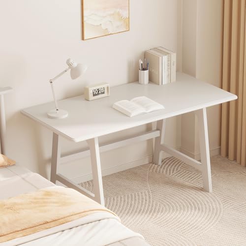 IOTXY Solid Wood Writing Table - 48" W Minimalist PC Computer Desk, White | Minimalist Modern Style, 100% Solid Wood, Spacious Surface, Moon-Shaped Legs, Super Stable, 265-lbs Capacity, 15-Min Assembly - color: White, size: 48" W