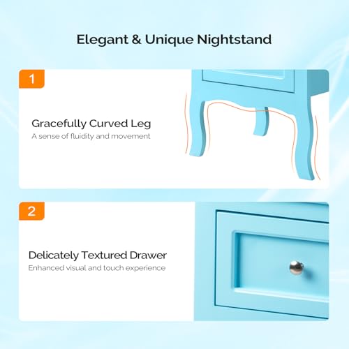 Bonnlo Nightstand Set of 2, Nightstands with 2 Drawers, Blue Nightstand, Bed Side Table/Night Stand, Small Nightstands for Bedroom, Small Spaces, College Dorm, Kids’ Room,Living Room, Wood,16W*12D*24H - color: Blue