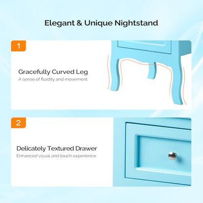Bonnlo Nightstand Set of 2, Nightstands with 2 Drawers, Blue Nightstand, Bed Side Table/Night Stand, Small Nightstands for Bedroom, Small Spaces, College Dorm, Kids’ Room,Living Room, Wood,16W*12D*24H - color: Blue