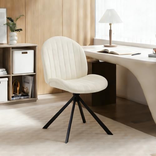 Velvet Swivel Office Chair No Wheels, Small Comfy Mid Century Armless Desk Chair, Cute Swivel Vanity Chair No Wheels for Small Spaces, Bedroom,Living Room,Home Office, Cream - color: Cream-velvet