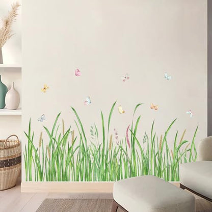 Green Grass Wall Corner Sticker Peel and Stick Flower Butterfly Wall Decal Green Plant Baseboard Skirting Line Wall Sticker for Living Room Decor