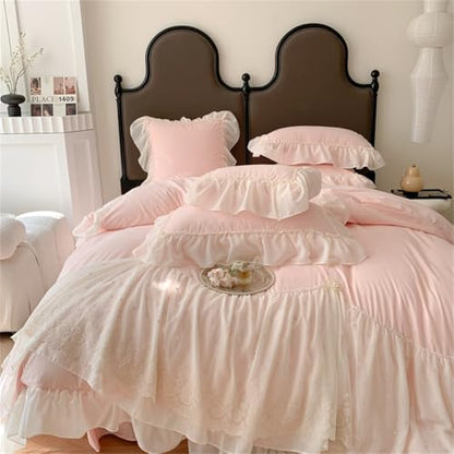 IHOUSTRIY Lace Duvet Cover Queen Size, Chiffon Ruffled Beddding Set with Flower, 3 Pieces Comforter Cover Set with Zipper Closure, Girl Princess Bedding with Pillowcase - Pink, Queen - color: Pink, size: Queen