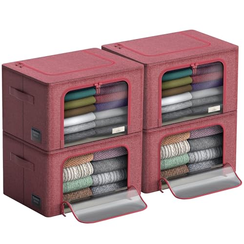Sorbus Storage Bins with Metal Frame - Stackable & Foldable Clothes Organizer Bags - Oxford Fabric Storage Containers with Large Clear Window & Carry Handles Organization for Bedding Linen & Clothing - color: Pink, size: 4 Pack