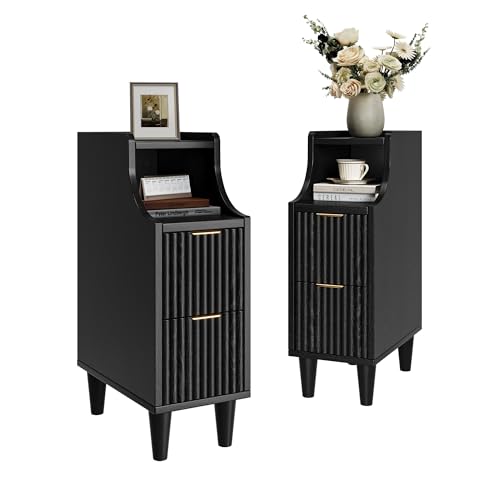 Fluted Nightstands Set of 2,Narrow Bedside Table with 2 Drawers & Storage, Farmhouse Walnut End Table Modern Side Table for Bedroom Livingroom Sofa Office, Small Space - color: Black,7.9" With 2 Drawers
