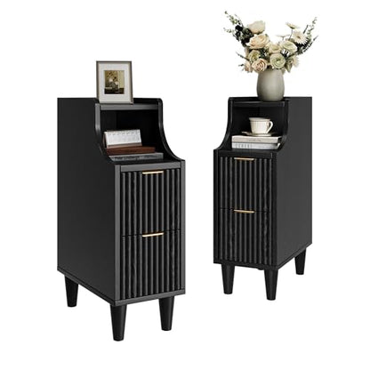Fluted Nightstands Set of 2,Narrow Bedside Table with 2 Drawers & Storage, Farmhouse Walnut End Table Modern Side Table for Bedroom Livingroom Sofa Office, Small Space - color: Black,7.9" With 2 Drawers