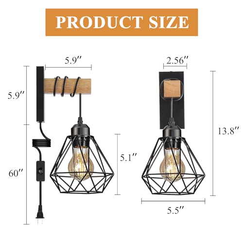 Plug in Wall Sconces Set of Two,Farmhouse Wall Mounted Lights with Plug in Cord,Black Rustic Wall Lamp for Bedroom Bedside Living Room,with Wood Arm and 70.8inch On/Off Switch Cord,2 Pack