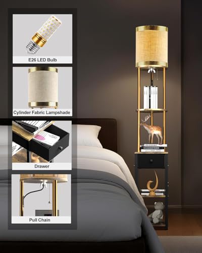 Lightdot 65IN Floor Lamps with Storage Table&Drawer, Corner Shelf Lamps with Black End Table and Fabric Shade, Modern Standing Tall Lamp for Living Room/Bedroom/Sofa Beside/Corner Decor(Bulb Included)