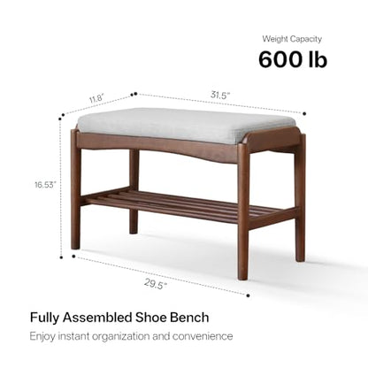 Black Walnut Shoe Bench Assembled, Solid Wood Shoe Rack Bench with Cushion for Entryway, Living Room, Bedroom, Hallway, 11.8" x 31.5" x 16.5" - color: Grey Cushion, size: 31.5"W