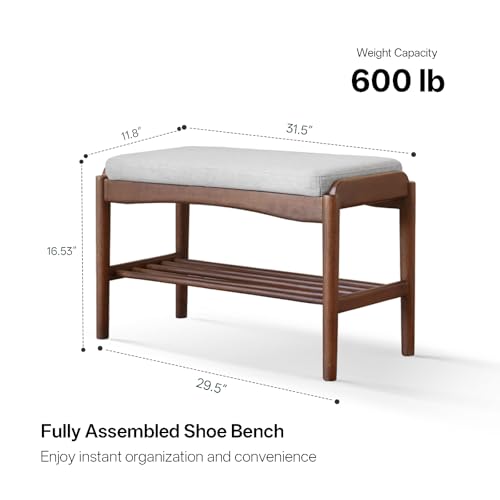 Black Walnut Shoe Bench Assembled, Solid Wood Shoe Rack Bench with Cushion for Entryway, Living Room, Bedroom, Hallway, 11.8" x 31.5" x 16.5" - color: Grey Cushion, size: 31.5"W