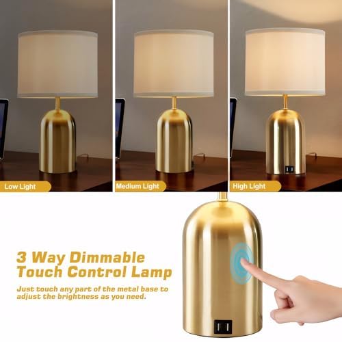 Bedside Lamp with USB Port, Touch Control Table Lamp for Bedroom, Dimmable Modern Nightstand Lamp with Fabric Shade Gold Base for Living Room, Dorm, Home Office, LED Bulb Included - color: Gold 1, size: 18"