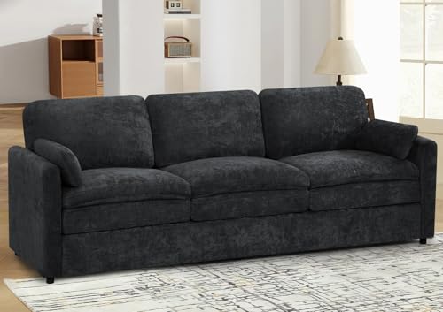 89" Chenille Soft Sofa w/Well-Filled Backrests, Black | Modern Couch w/Plump Pillows, 3 Seater Upholstered Couch w/Thick & Comfy Cushions for Living Room, Bedroom - color: Black, size: Sofa