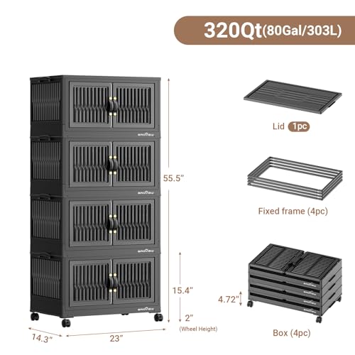 BROVIEW 320Qt Stackable Storage Bins with Lid for Home Dorm, 4Pack Black | Closet Organizers, Foldable & Collapsible Cabinets, Large Containers, Wheels & Magnetic Doors, Plastic Drawers for School - color: Black, size: 80QT-4Pack
