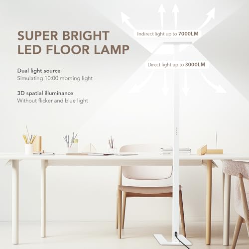 120W LED Floor Lamp, 76.8" Tall Reading Light, 10000LM Knob Dimming Standing Lamp, Full Spectrum Eye Care Reading Lamp, 4000K Natural Daylight for Study Room, Office, Living Room, Bedroom (White) - color: White