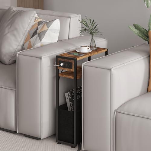 Leomonio Narrow Side Table, Slim End Tables with Fabric Basket, Skinny Table for Small Spaces, Thin Bedside Table for Living Room, Bedroom (1, Rustic Brown - Outlet) - color: Rustic Brown - Outlet