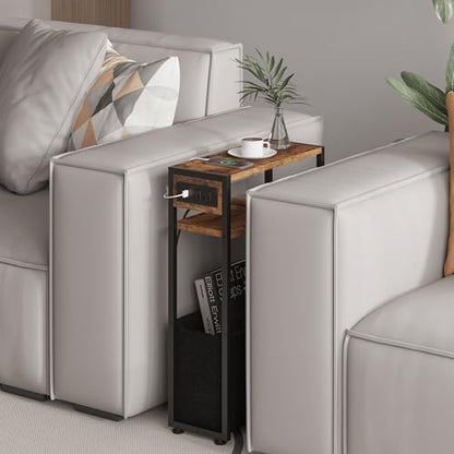 Leomonio Narrow Side Table, Slim End Tables with Fabric Basket, Skinny Table for Small Spaces, Thin Bedside Table for Living Room, Bedroom (1, Rustic Brown - Outlet) - color: Rustic Brown - Outlet