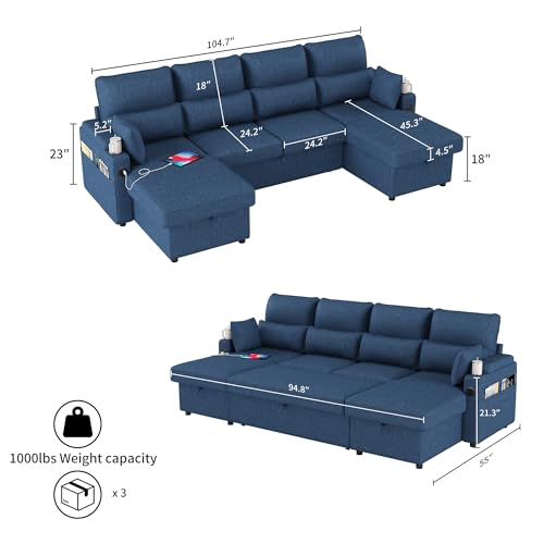 U-Sofa Bed Sleeper Pull Out with Storage Function and Two USB Ports and Cup Holder, Perfect for Small Space Modern Convertible Sofa Bed Living Room, Apartment Living Room - color: Blue, size: 104.7'' U shape sofa