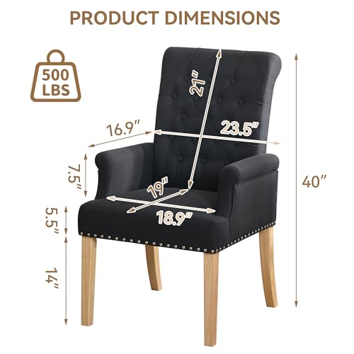 WUTUTUEE Fabric Dining Chair with Arms, Upholstered Tufted High Back Dining Room Chairs, Accent Armchair with Solid Wood Leg and Nailhead Trim, Kitchen Dining Living Room, Black - color: Black, size: 1 PC