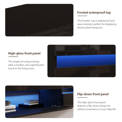 basenji 71" Floating TV Stand Wall Mounted,Solid Wood Entertainment Center with LED Lighting & Power Outlet, High-Gloss Modern Media Console for TVs up to 85",Tv Consoles for Living Room,Black - color: Black